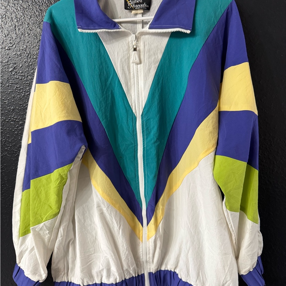 Retro Colorblock Bomber Jacket - White, Purple, Teal & Lime - Silver Threads